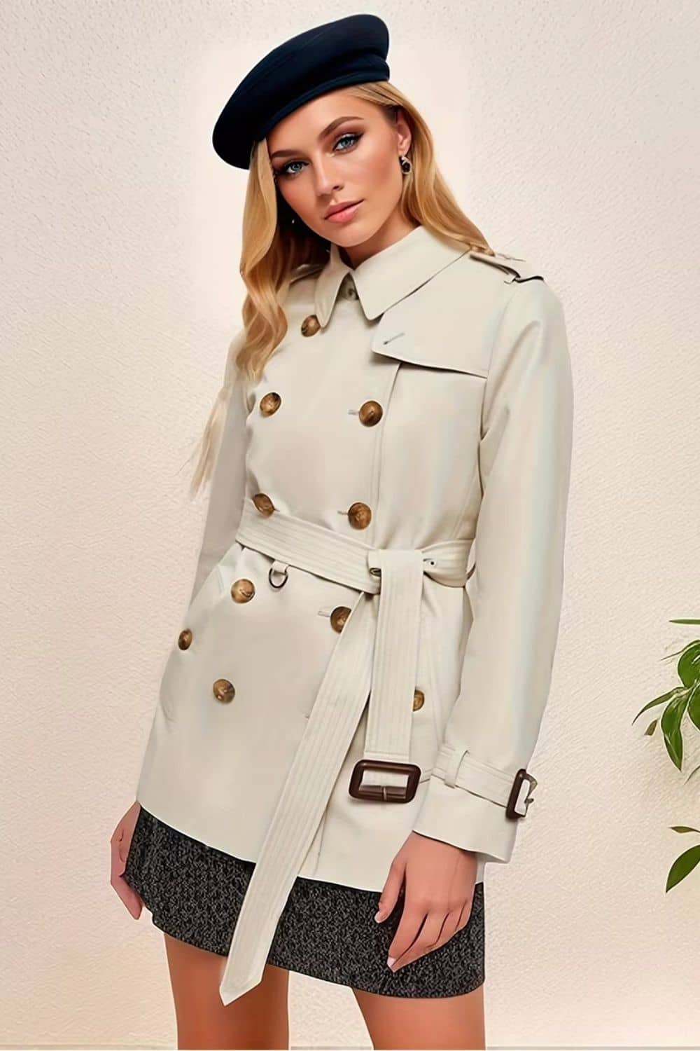 A woman wearing a beige mid-length trench coat with a double-breasted collar and side pockets, paired with a short-sleeved skirt.