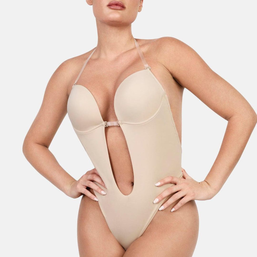 beige strapless plunge bodysuit