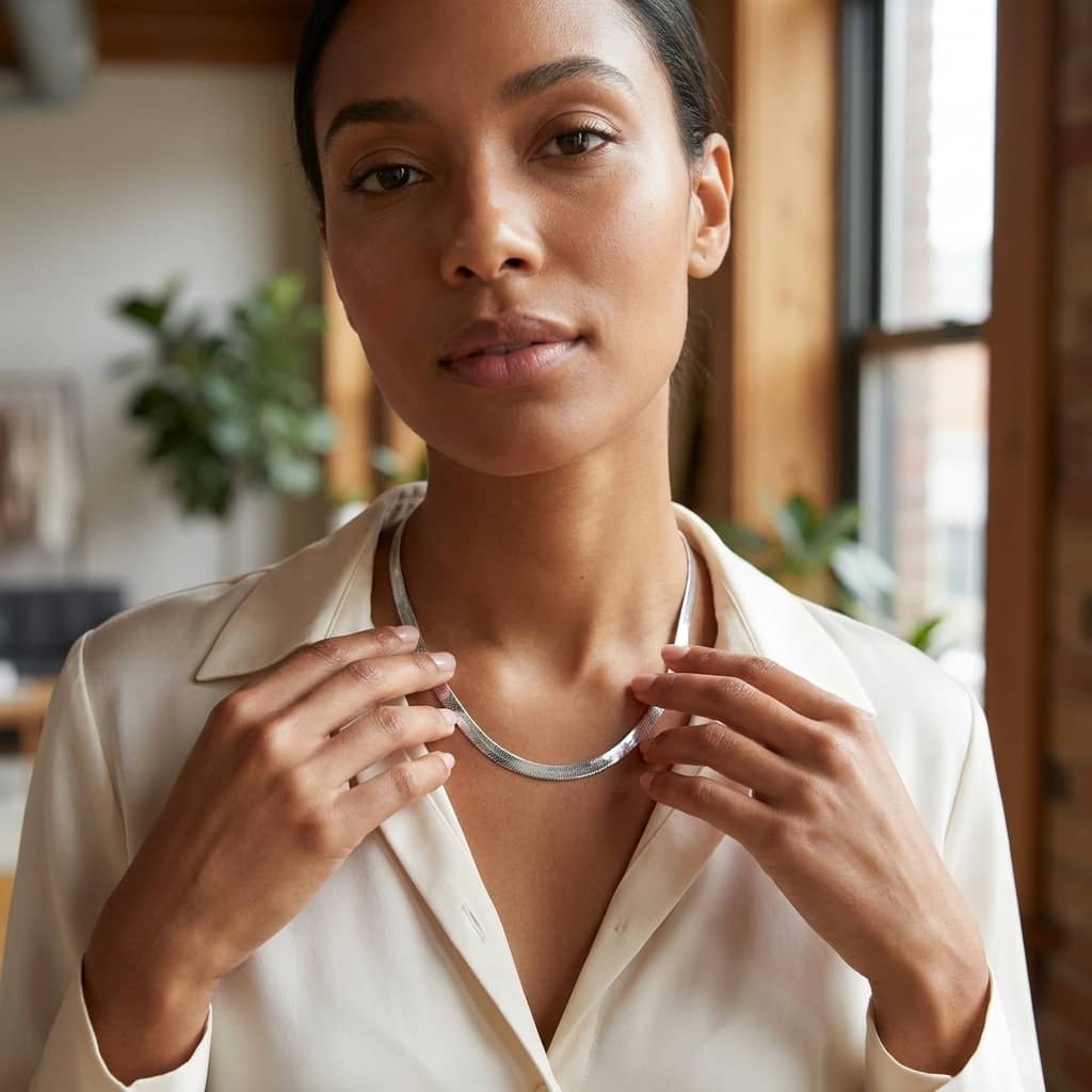 A woman wearing a silver-toned herringbone necklace with a high-polish finish, styled with a cream-colored collared blouse in a softly lit indoor setting.