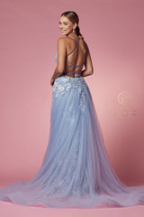 Lace Embroidered Mermaid Overskirt Gown - Light Blue