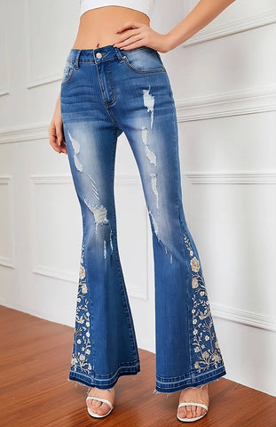 embroidered wide leg jeans