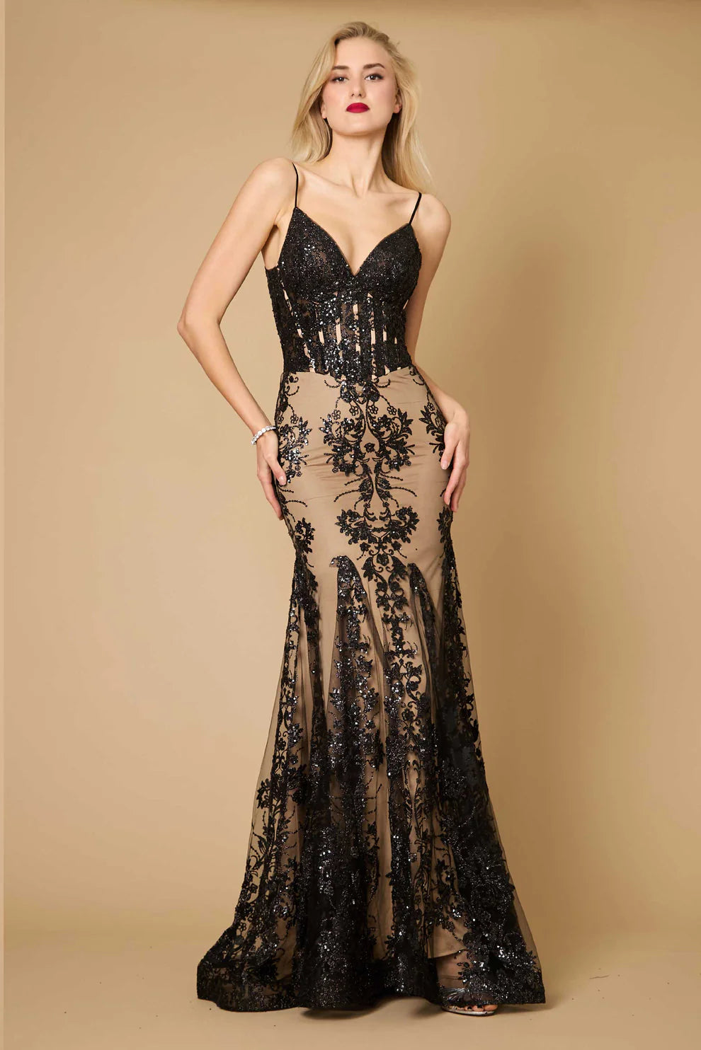 Elektra Embellished Corset Formal Dress - Black & Beige