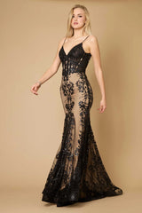 Elektra Embellished Corset Formal Dress - Black & Beige