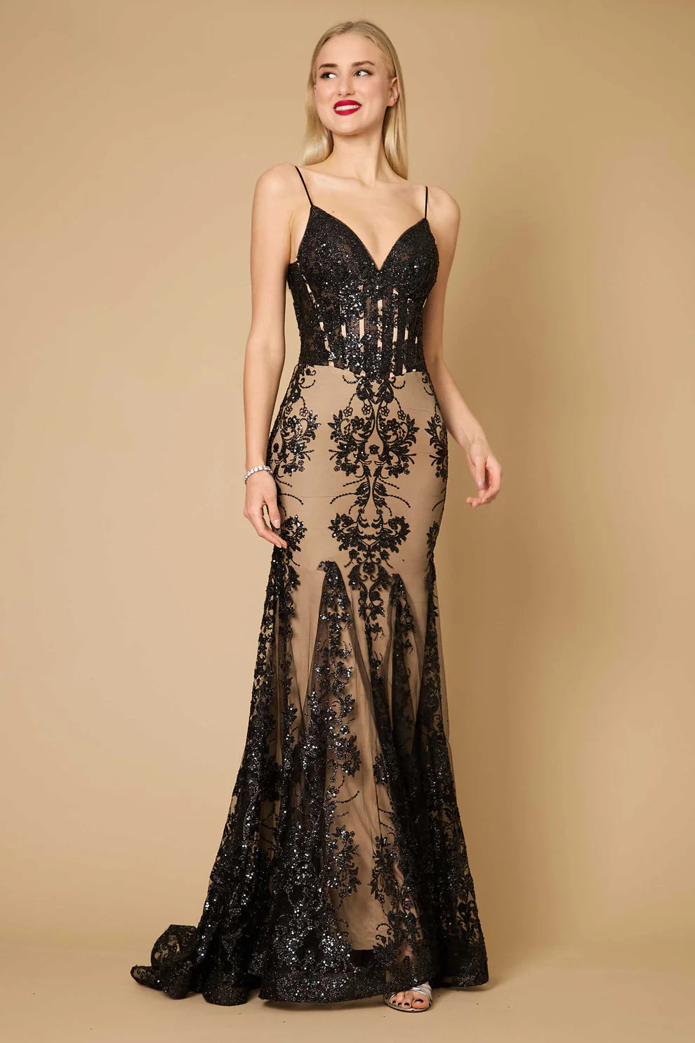 Elektra Embellished Corset Formal Dress - Black & Beige