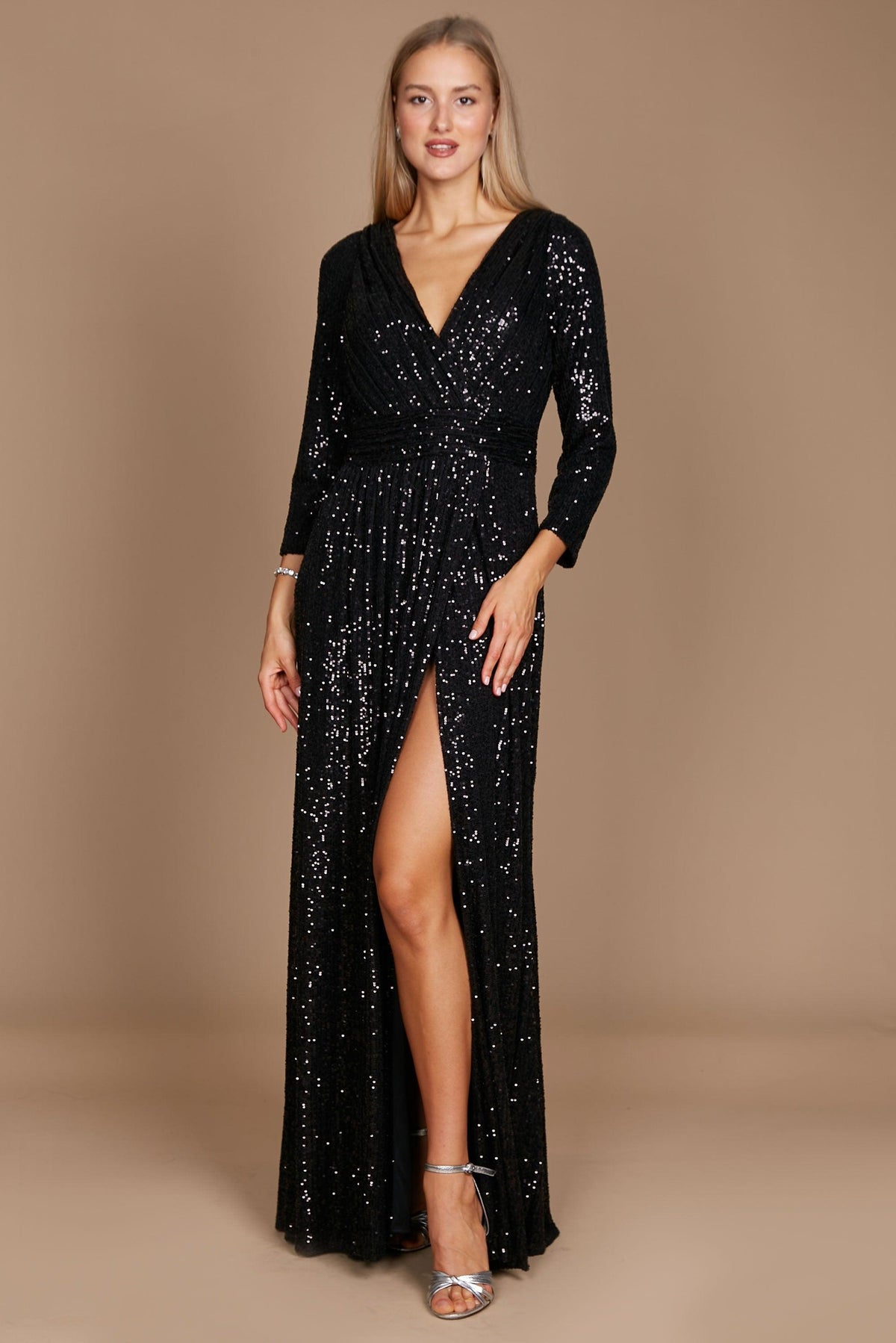 black empire waist formal dress with sleeves