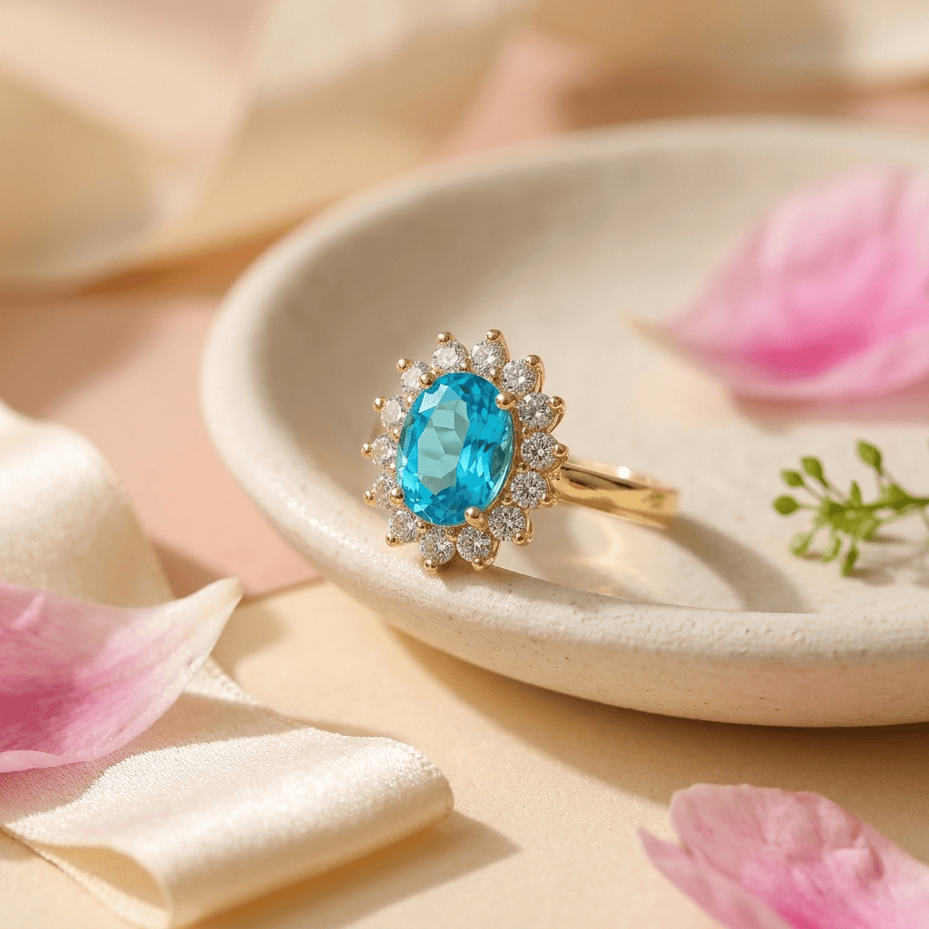 Studio macro shot of the gold blue topaz  halo ring resting in a speckled ceramic backdrop