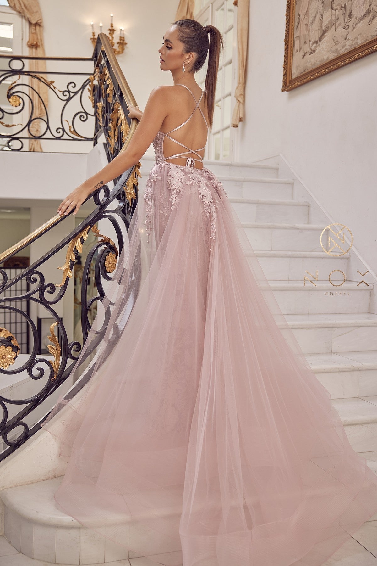 Lace Applique Fitted Overskirt Gown by Nox Anabel F485 4 / Blush Lace Applique Fitted Overskirt Gown by Nox Anabel F485 4 / Blush