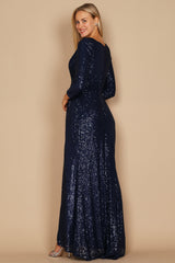 Karissa Long Sleeve Sequin Formal Dress - Midnight Blue