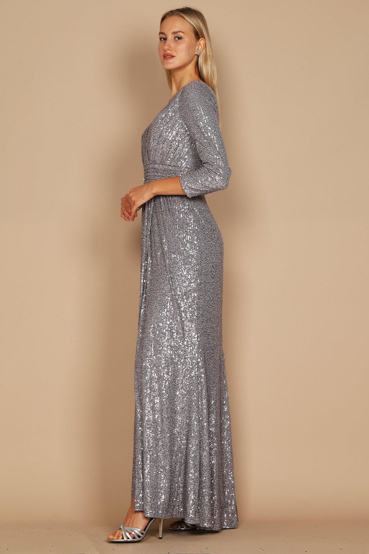 Karissa Long Sleeve Sequin Formal Dress - Charcoal