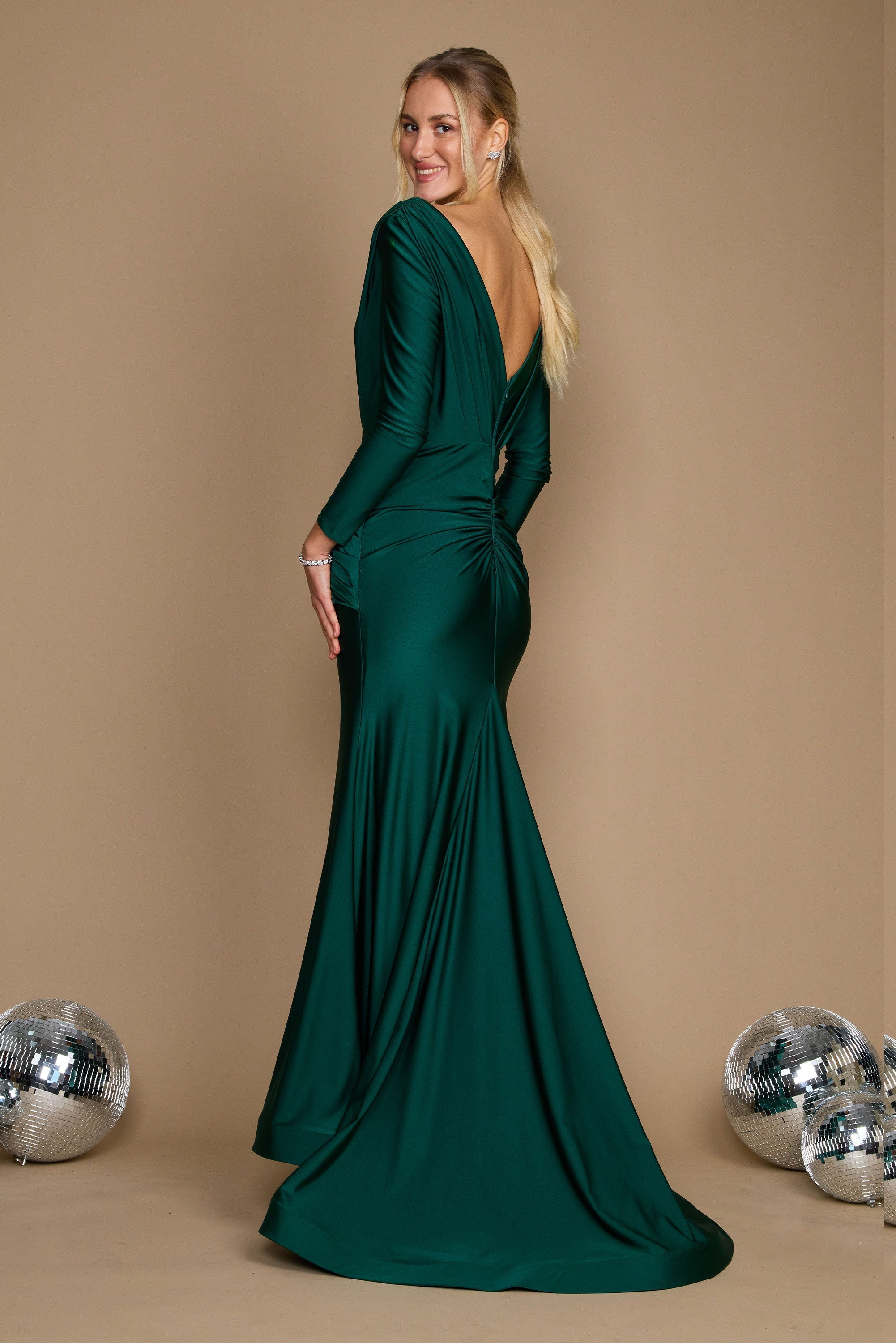 emerald green long sleeve prom dress