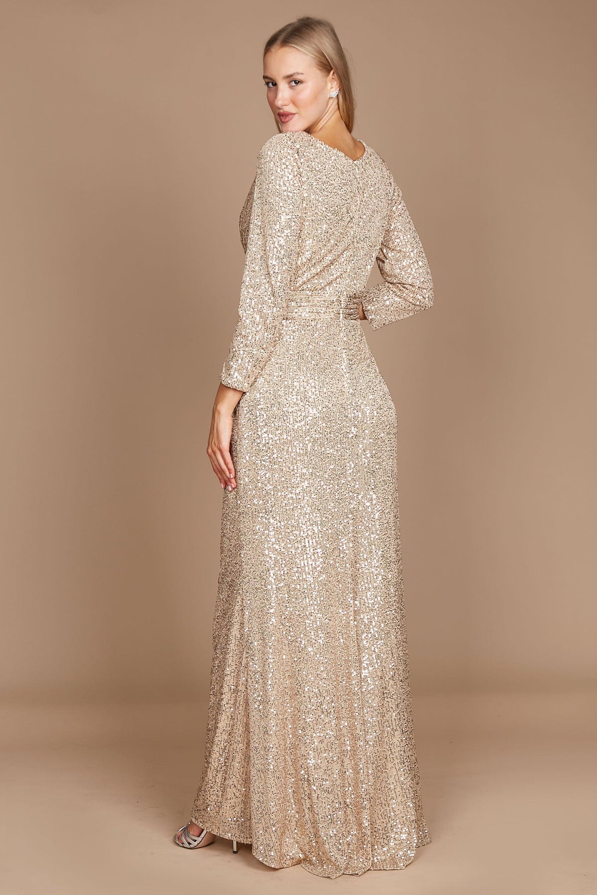 gold empire waist formal dress with sleeves