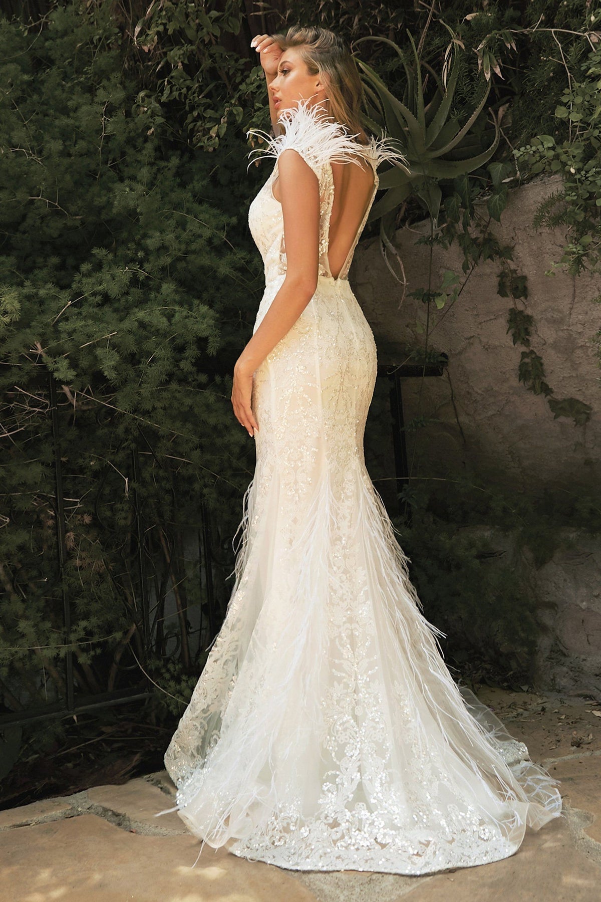 feather sleeve wedding dress
