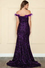 Fitted Off Shoulder Sequin Feather Gown