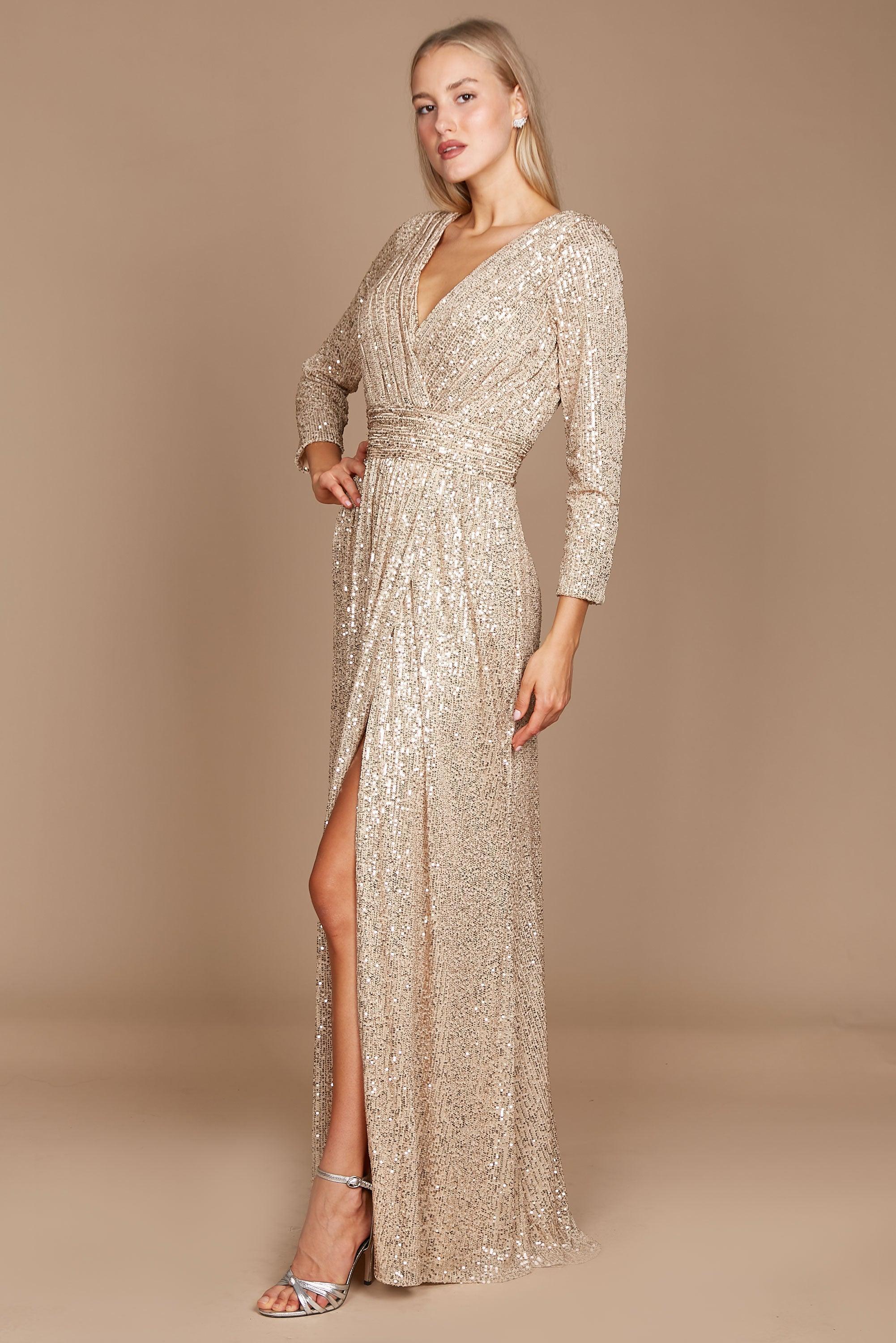 Karissa Long Sleeve Sequin Formal Dress - Gold