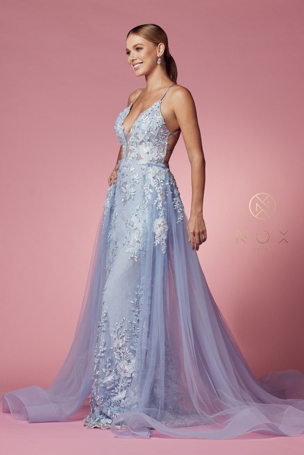 Lace Embroidered Mermaid Overskirt Gown - Light Blue StyleMissus Lace Embroidered Mermaid Overskirt Gown - Light Blue StyleMissus
