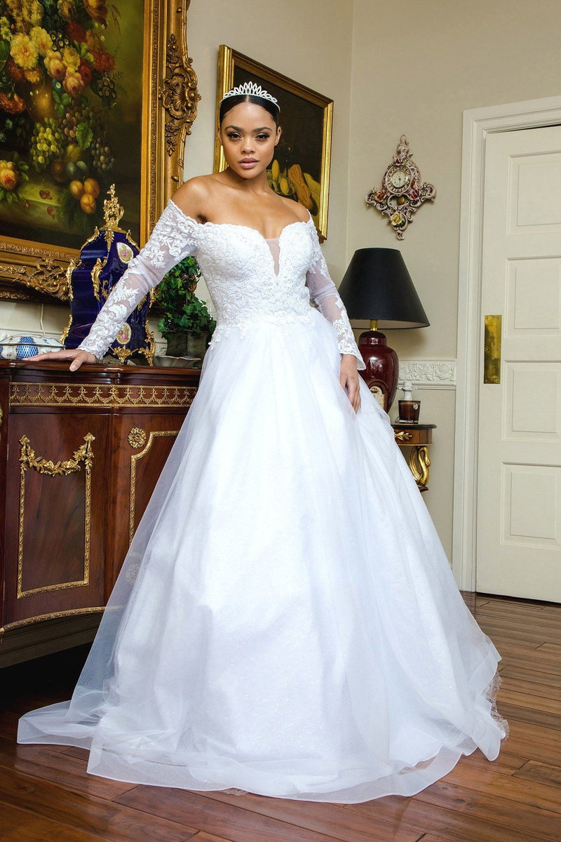 off shoulder long sleeve wedding dress