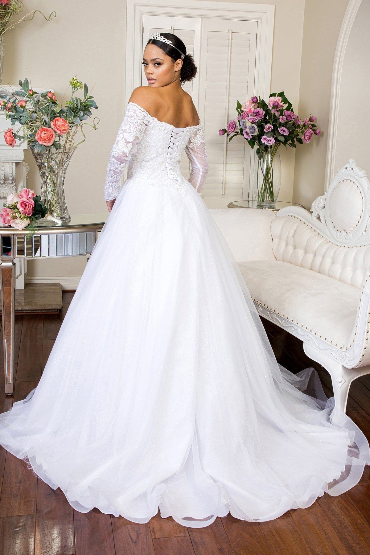 off shoulder long sleeve white lace wedding dress