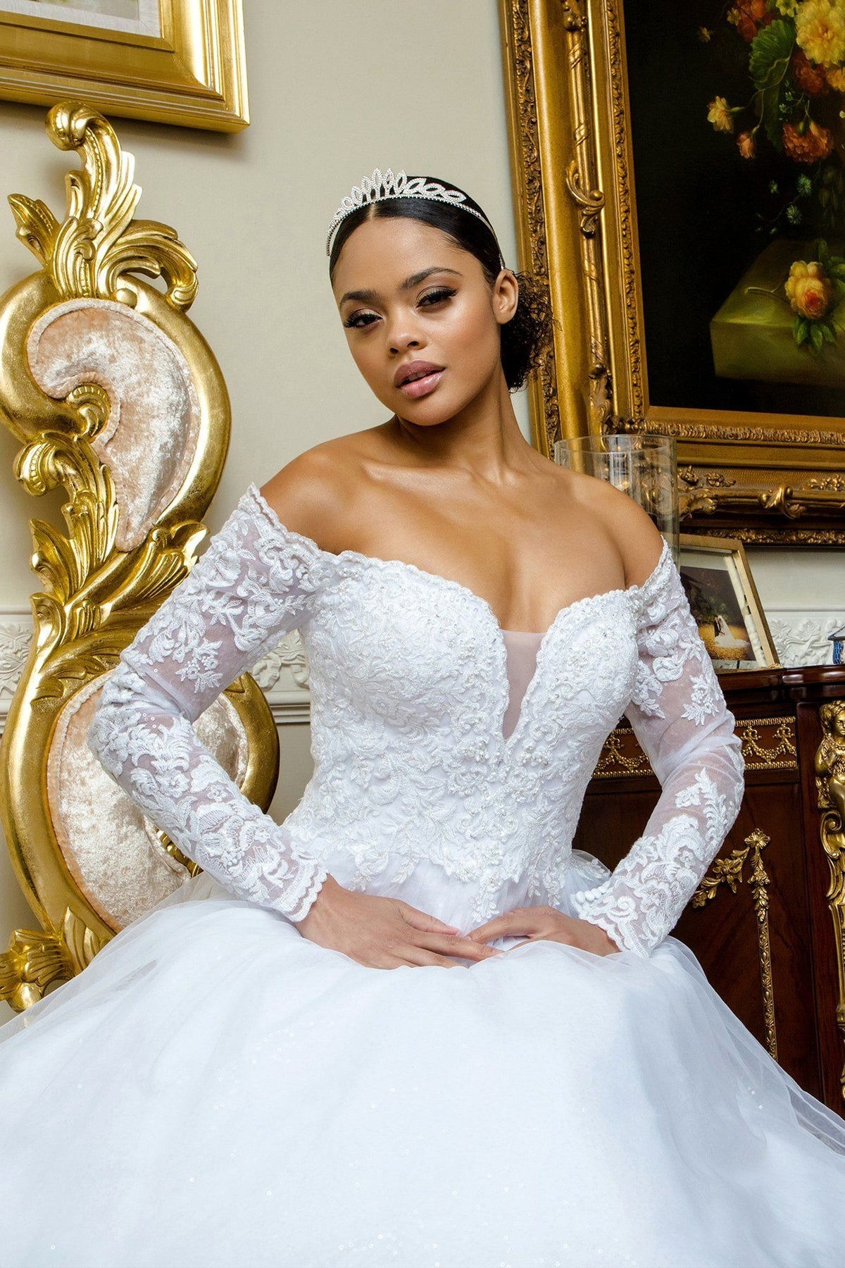 off the shoulder long sleeve fitted wedding dress
