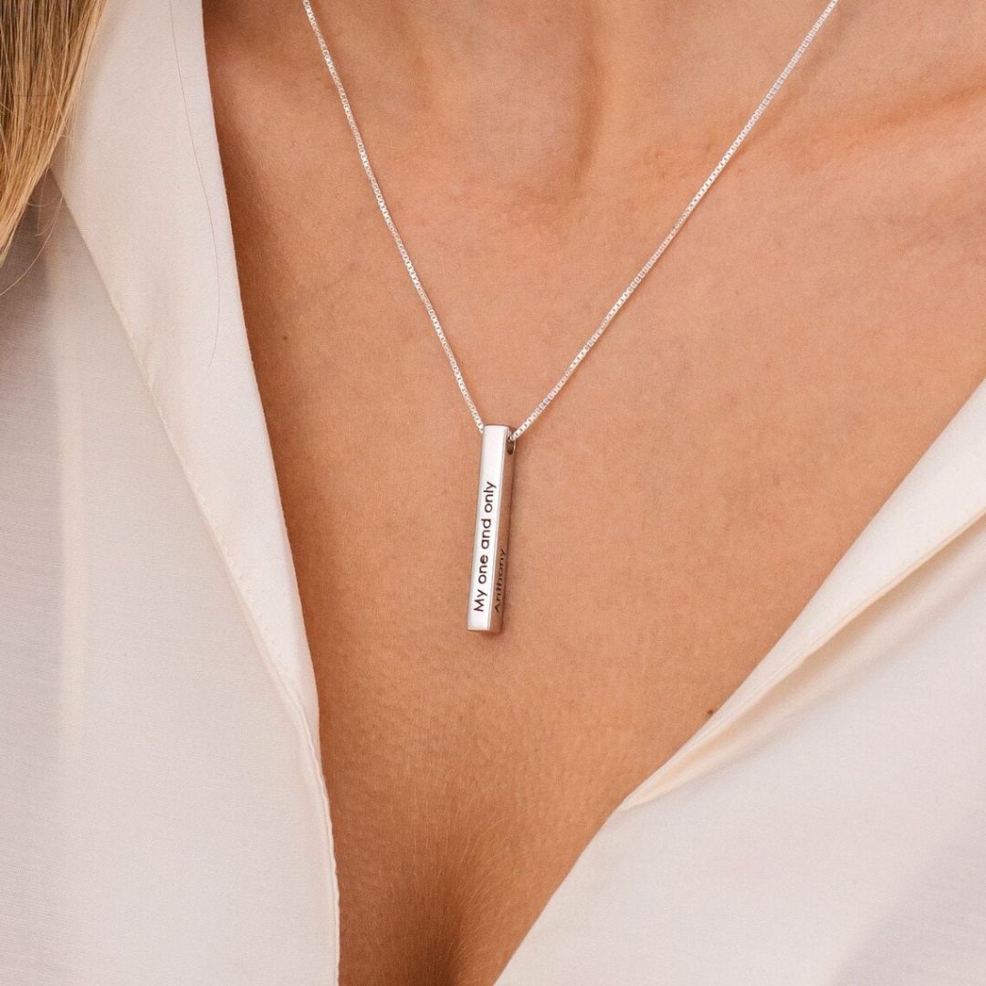 Amazon.com: Oak&Luna - Personalized 3D Pillar Bar Necklace with Diamond -  Custom Name Inscription Engraved Pendant 4 Sides - 18k Gold Plated Sterling  Silver 925 - Jewelry Gift for Women Her Mother