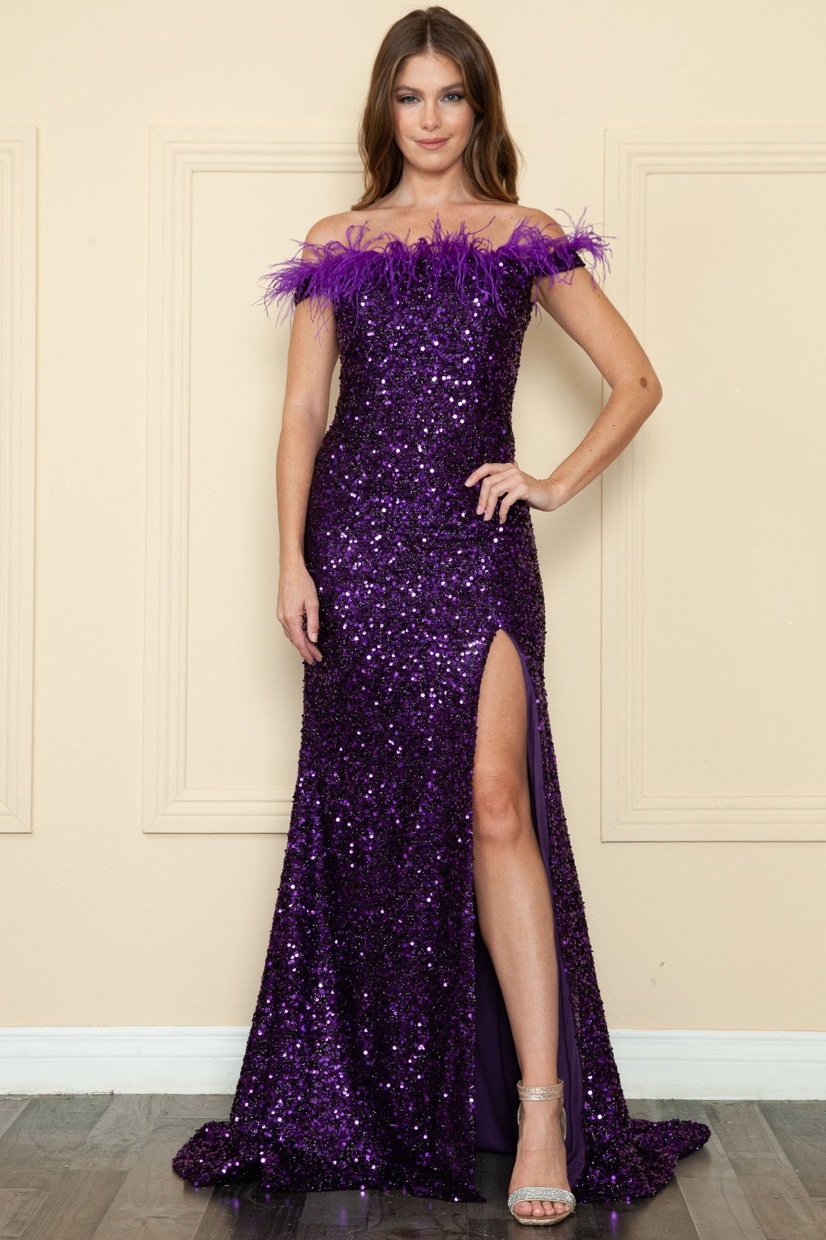 Fitted Off Shoulder Sequin Feather Gown