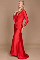red evening dress with sleeves