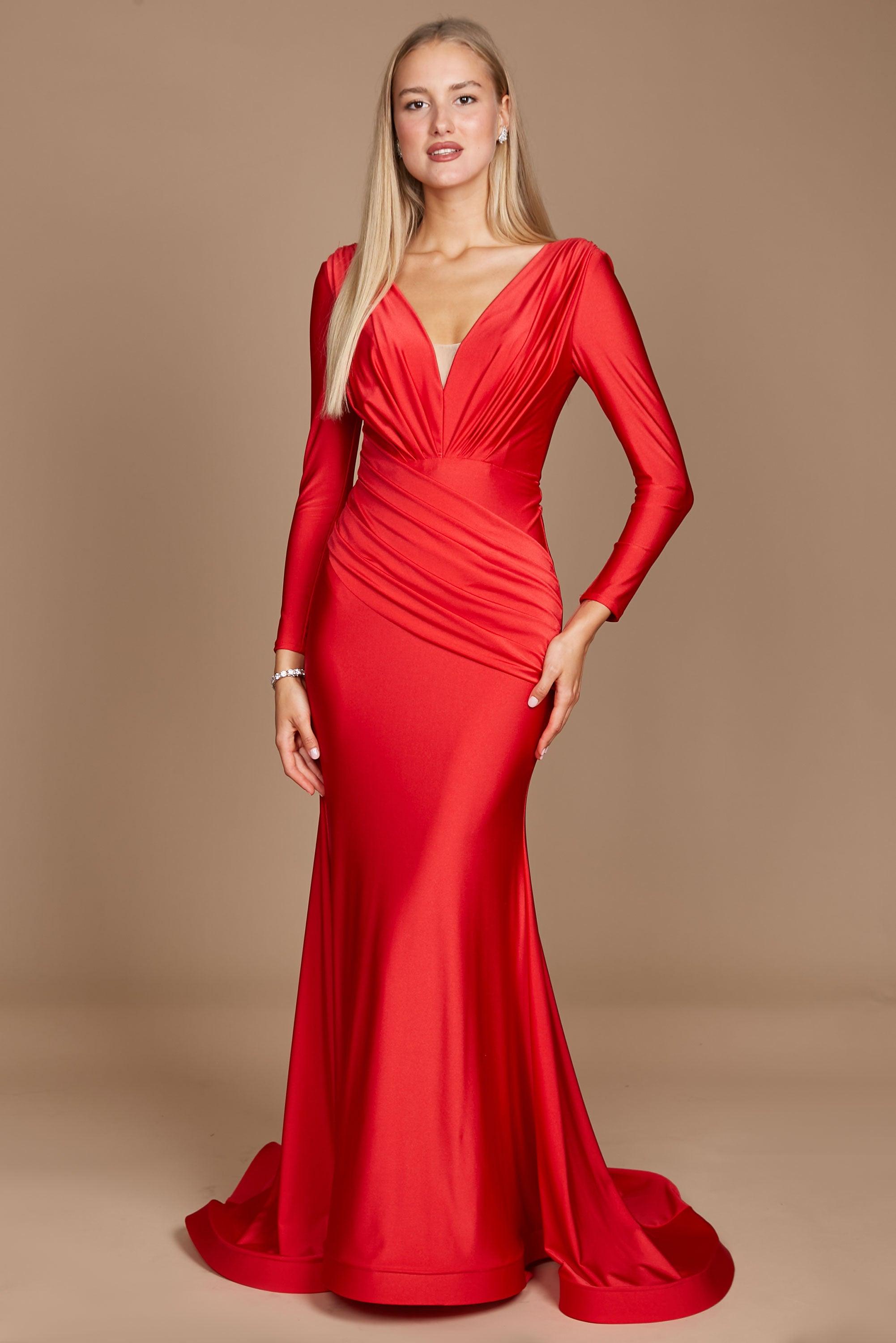 red long sleeve prom dress