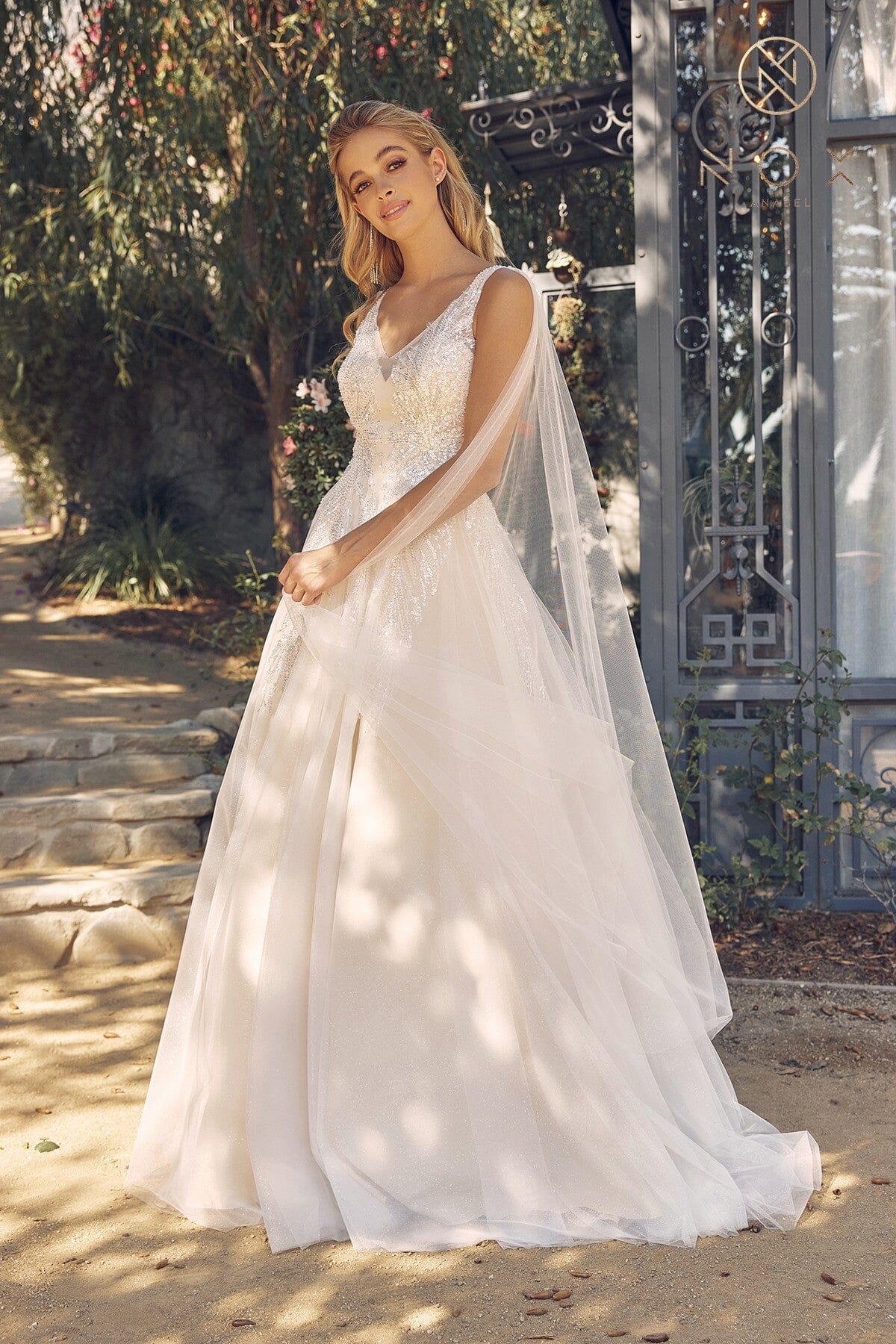 Sequin Cape Sleeve Bridal Gown
