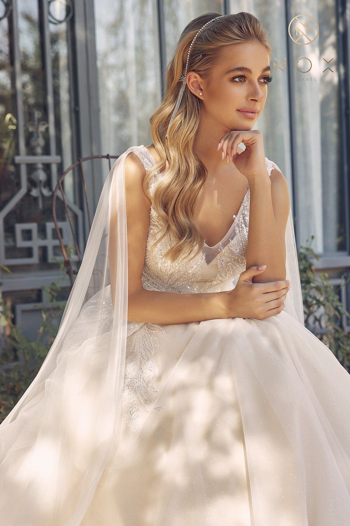 Sequin Cape Sleeve Bridal Gown
