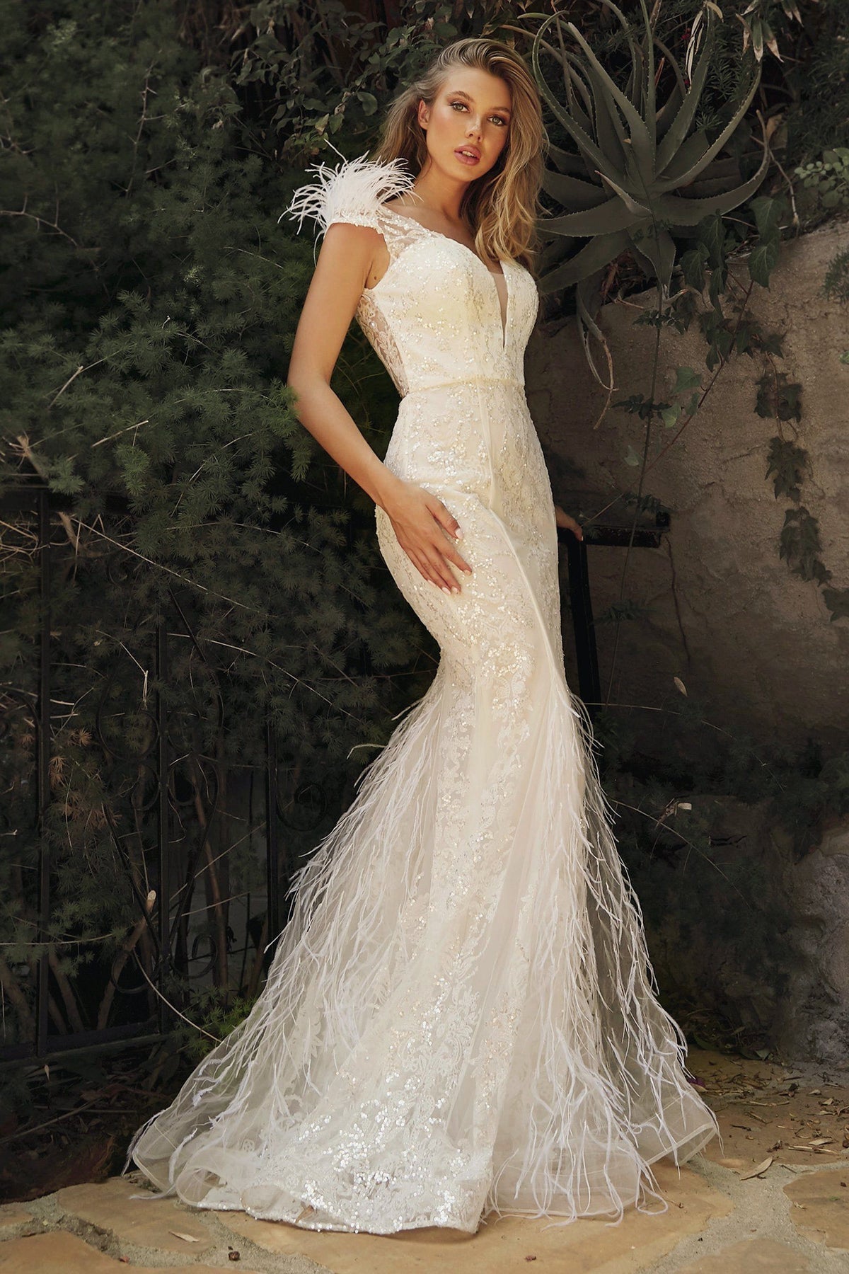 wedding dress with feathers