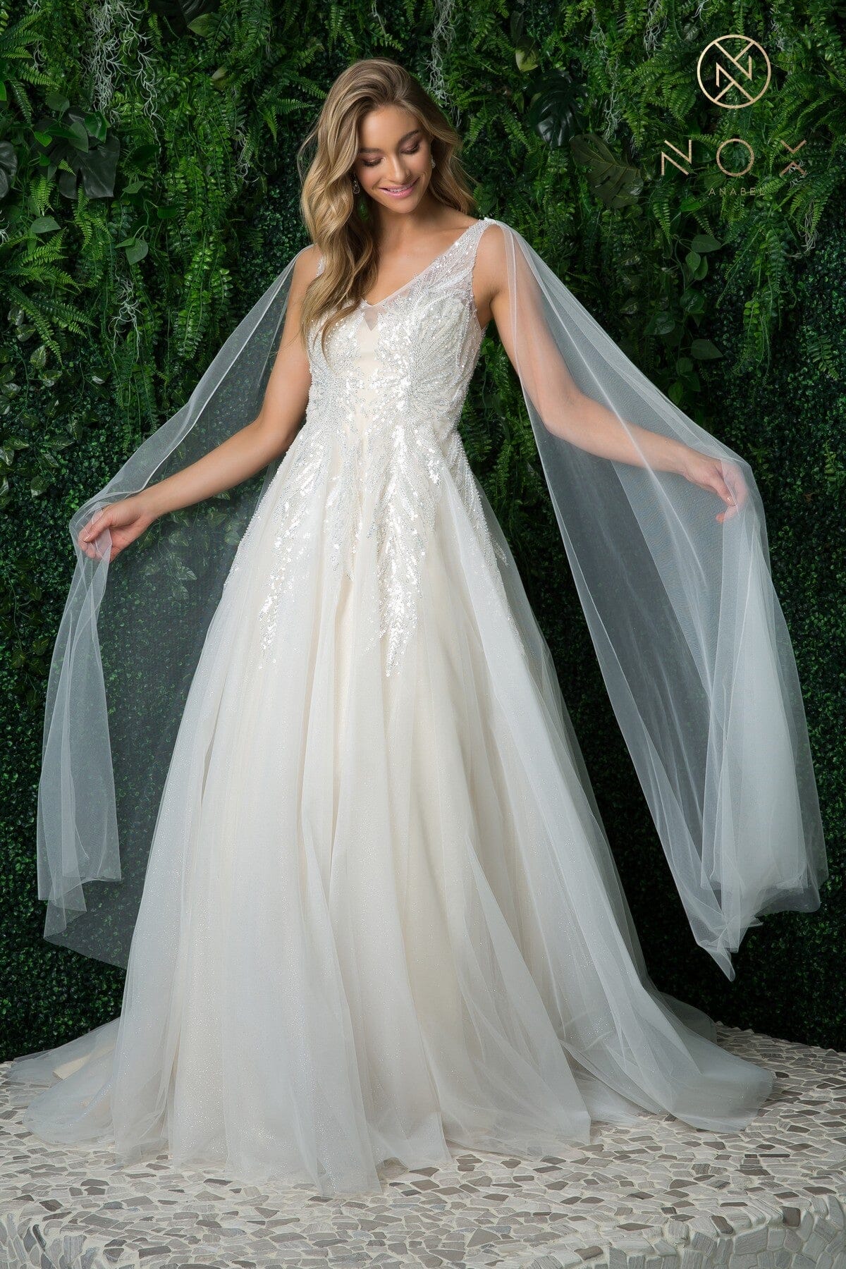 Sequin Cape Sleeve Bridal Gown