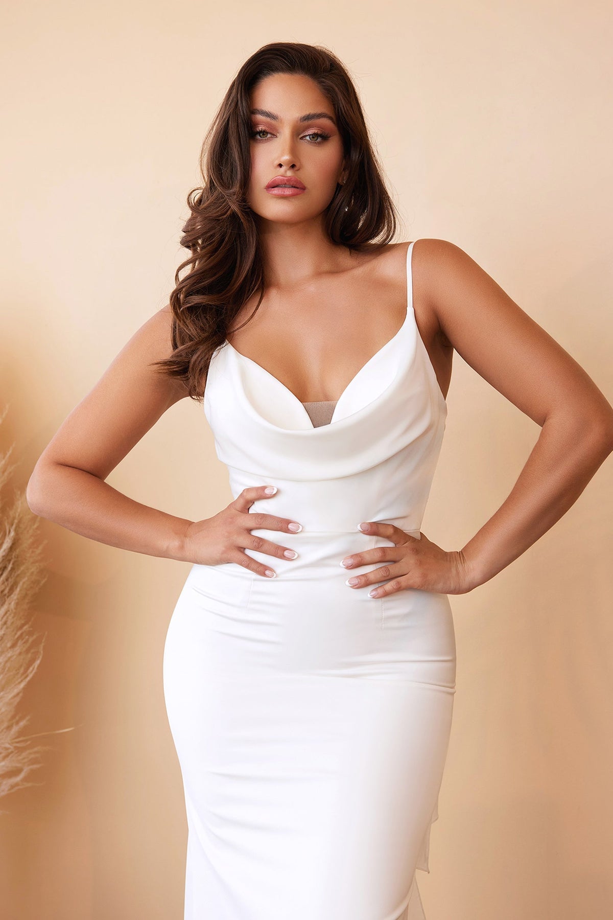 white cowl satin dress