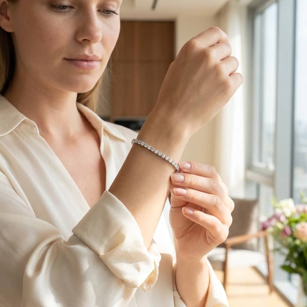 Woman adjusting a diamond tennis bracelet on her wrist in a bright room with natural light.