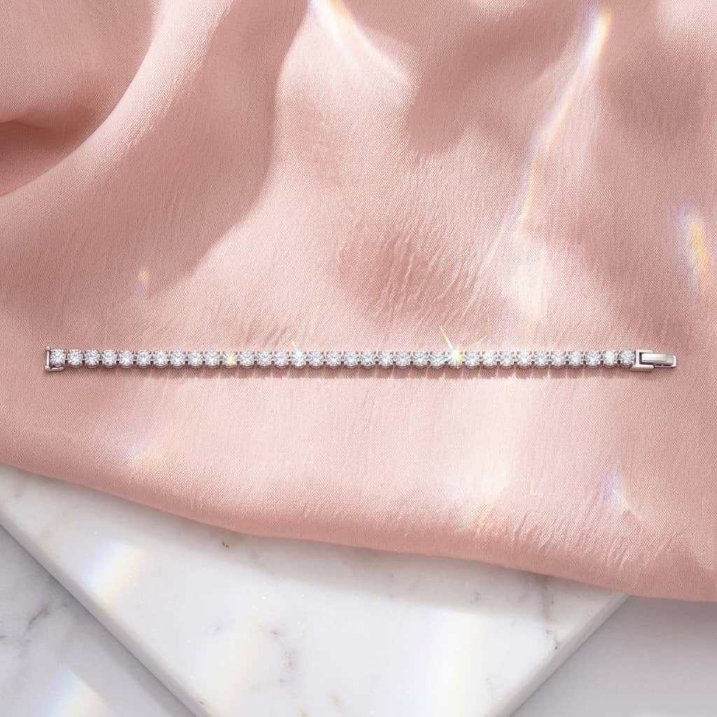 White gold diamond tennis bracelet on a pink satin background