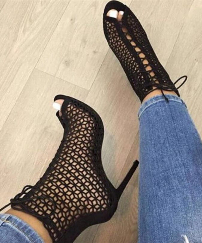 Black Leather High Heel Sandals