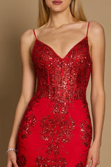 red corset prom dress