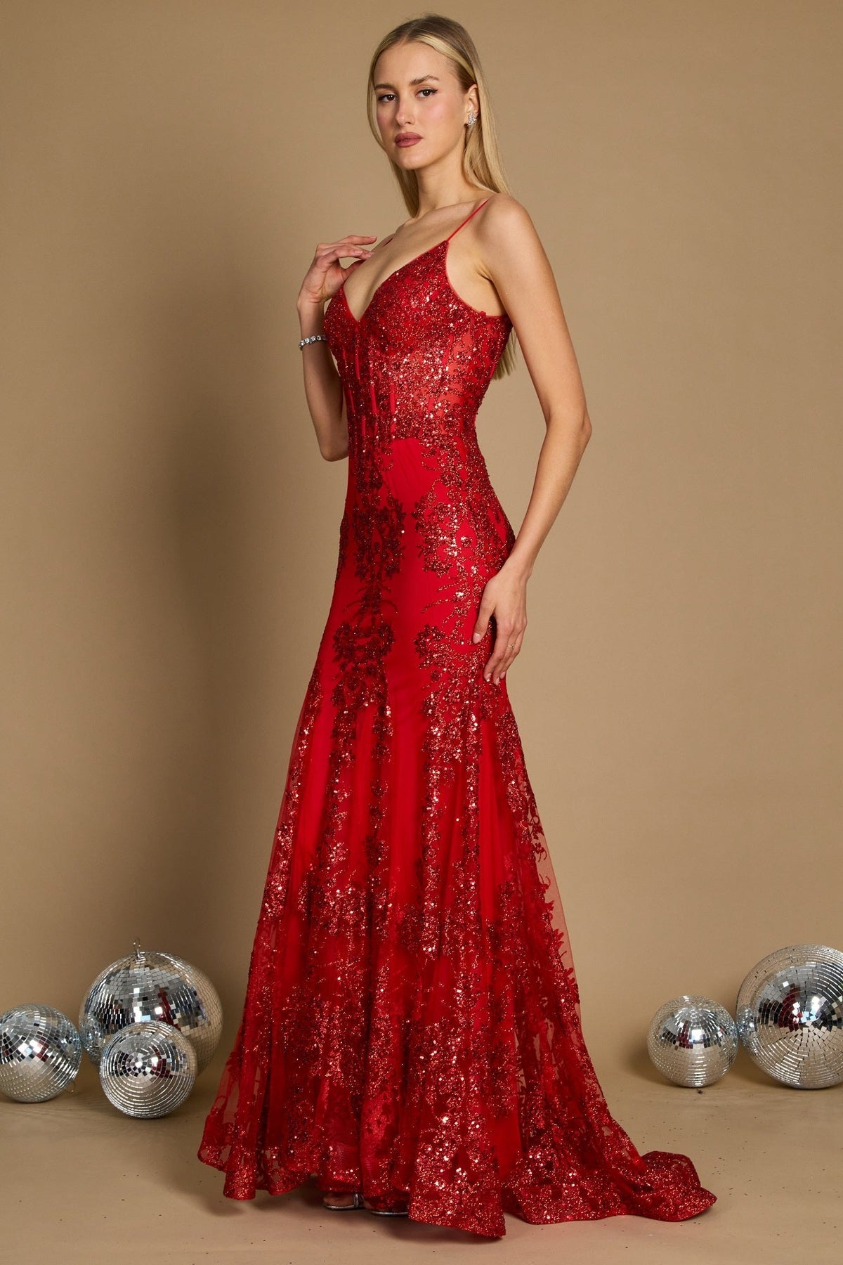 Elektra Embellished Corset Formal Dress - Red