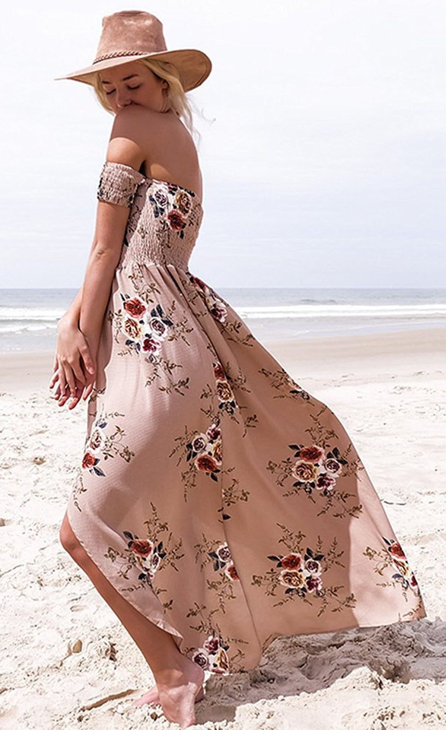 Figure of Beach Off-The-Shoulder Floral Print Maxi Dress