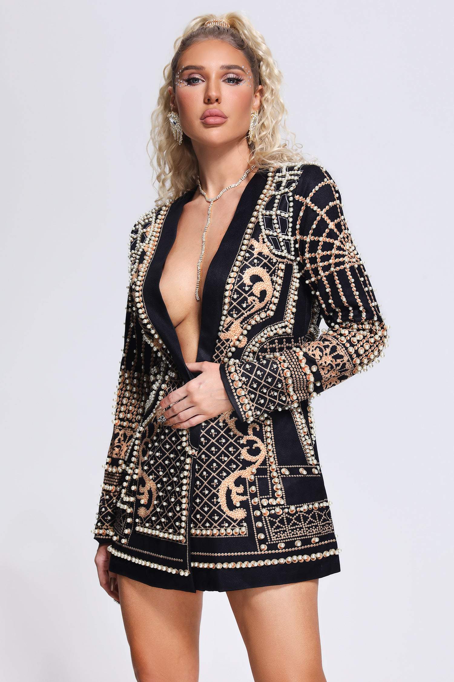 embroidered blazer dress with pearls