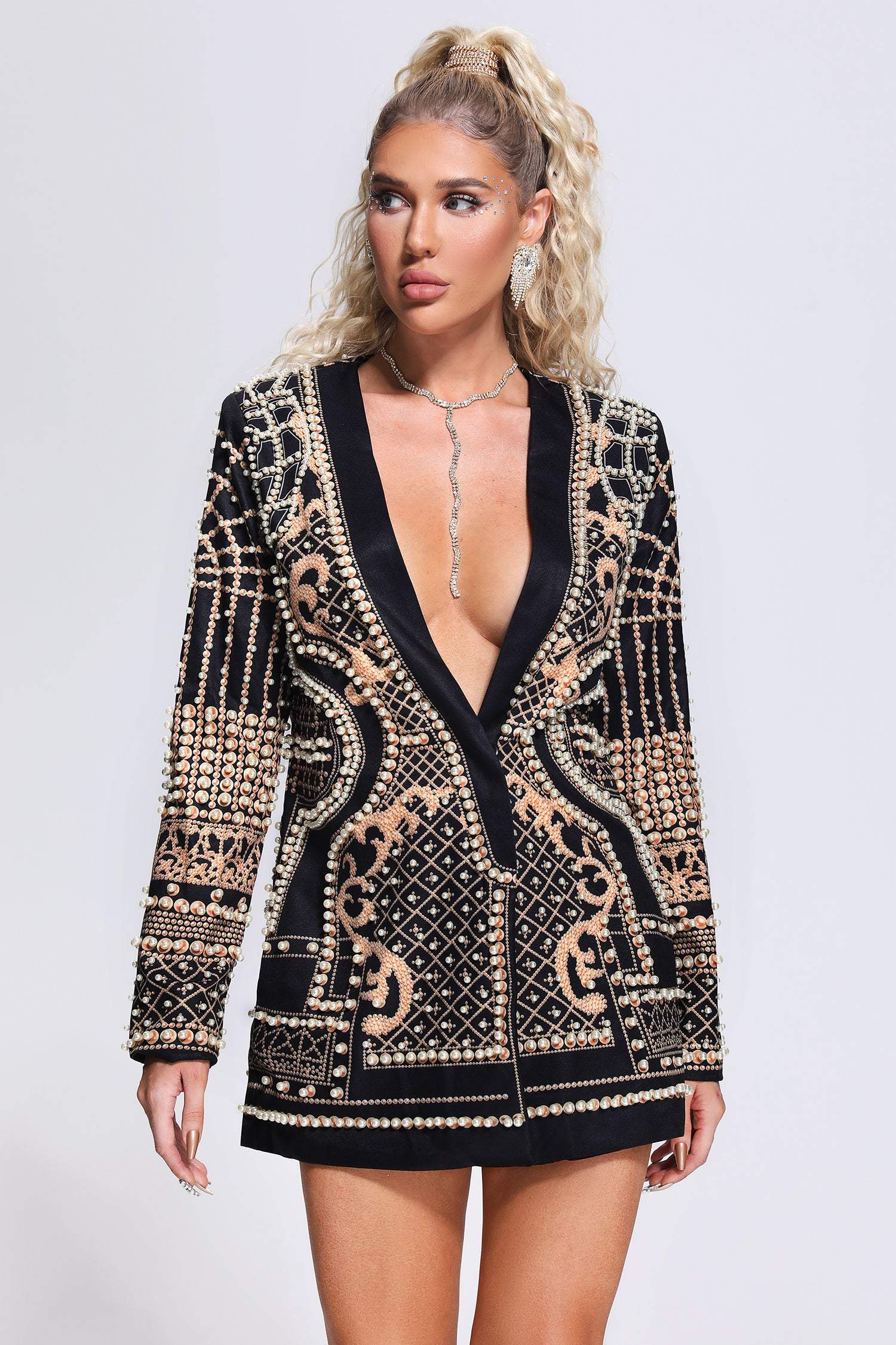 blazer dress gold Long Sleeve Embellished Blazer Dress Black