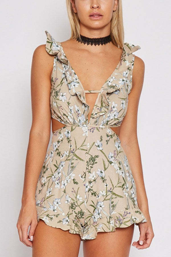 Floral Dilemma Ruffle Trim Romper - Tan