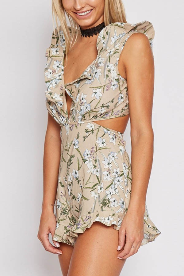 Floral Dilemma Ruffle Trim Romper - Tan