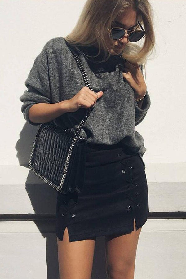 One More Kiss High Waist Suede Skirt Black
