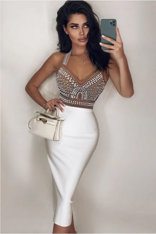 Katerina Pearl Bandage Midi Dress - Beige