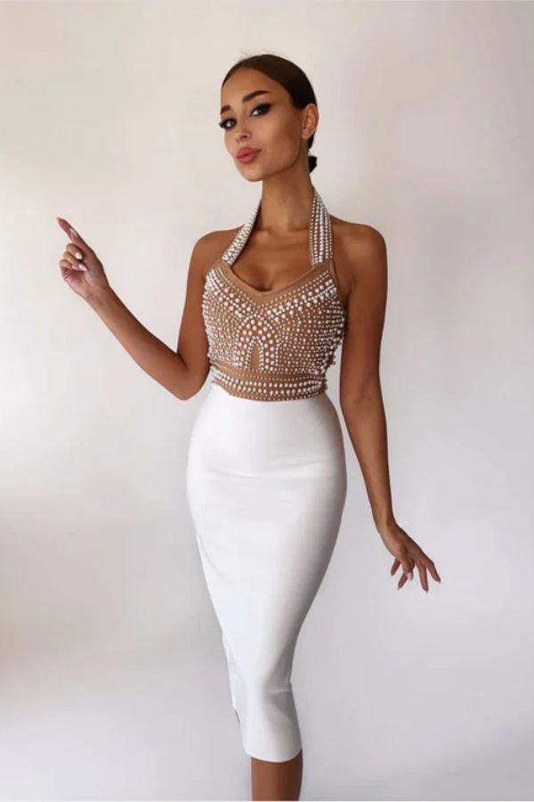 Katerina Pearl Bandage Midi Dress - Beige
