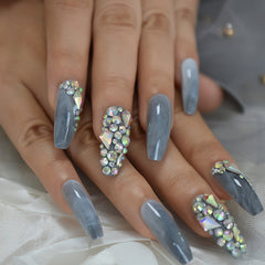 Grey Bling Coffin Nails