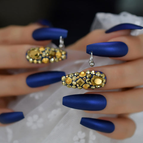 Royal Blue Dazzle Coffin Nails w/ Silver Rings