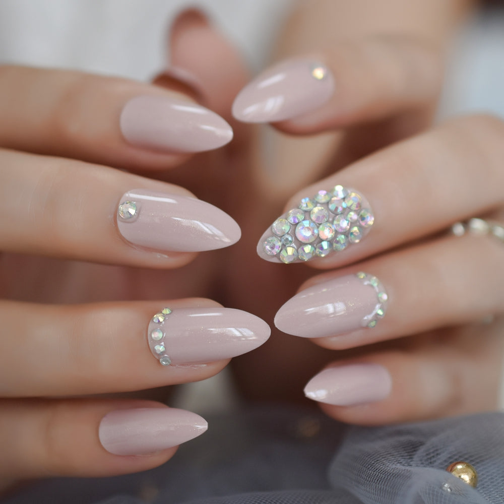 Glossy Rhinestones Stiletto Nails
