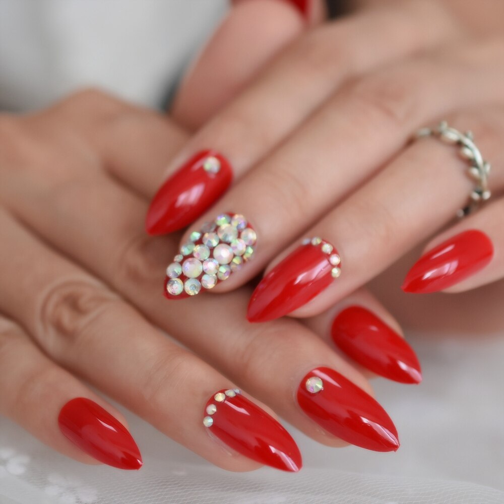 Glossy Rhinestones Stiletto Nails