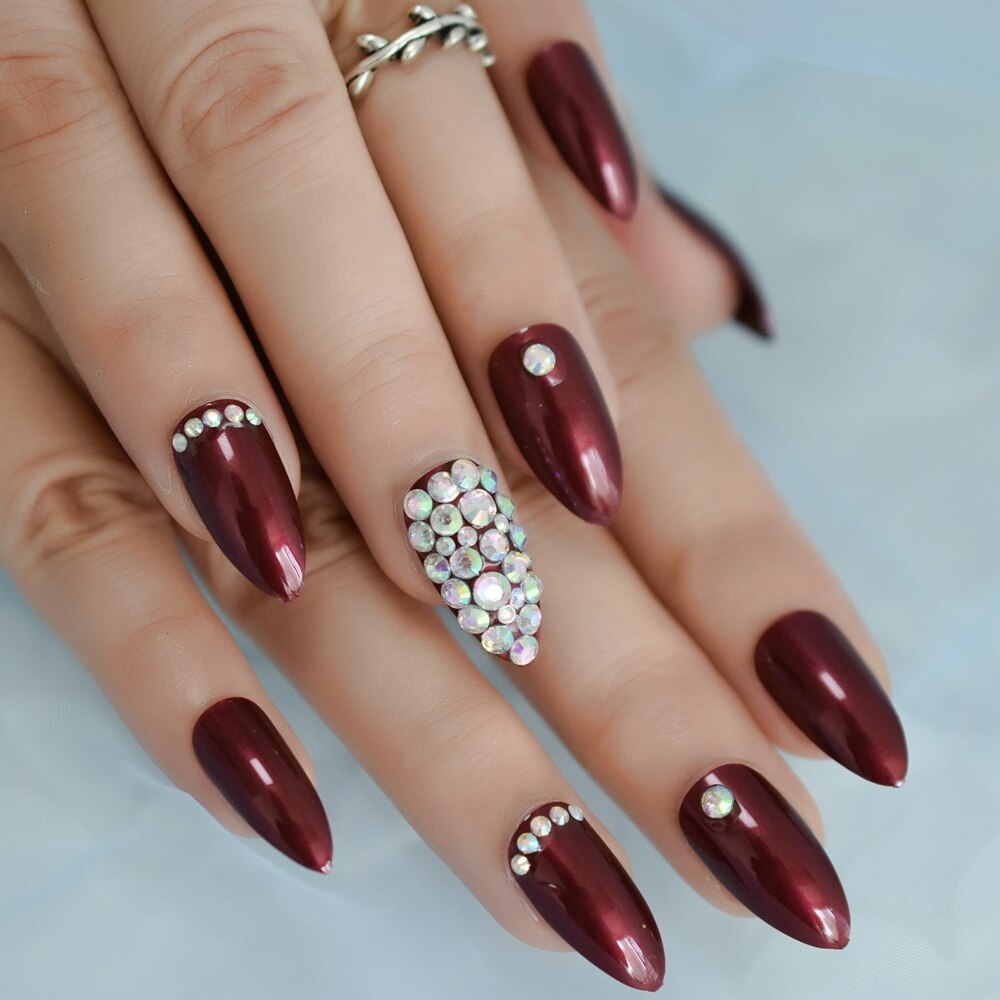 Glossy Rhinestones Stiletto Nails