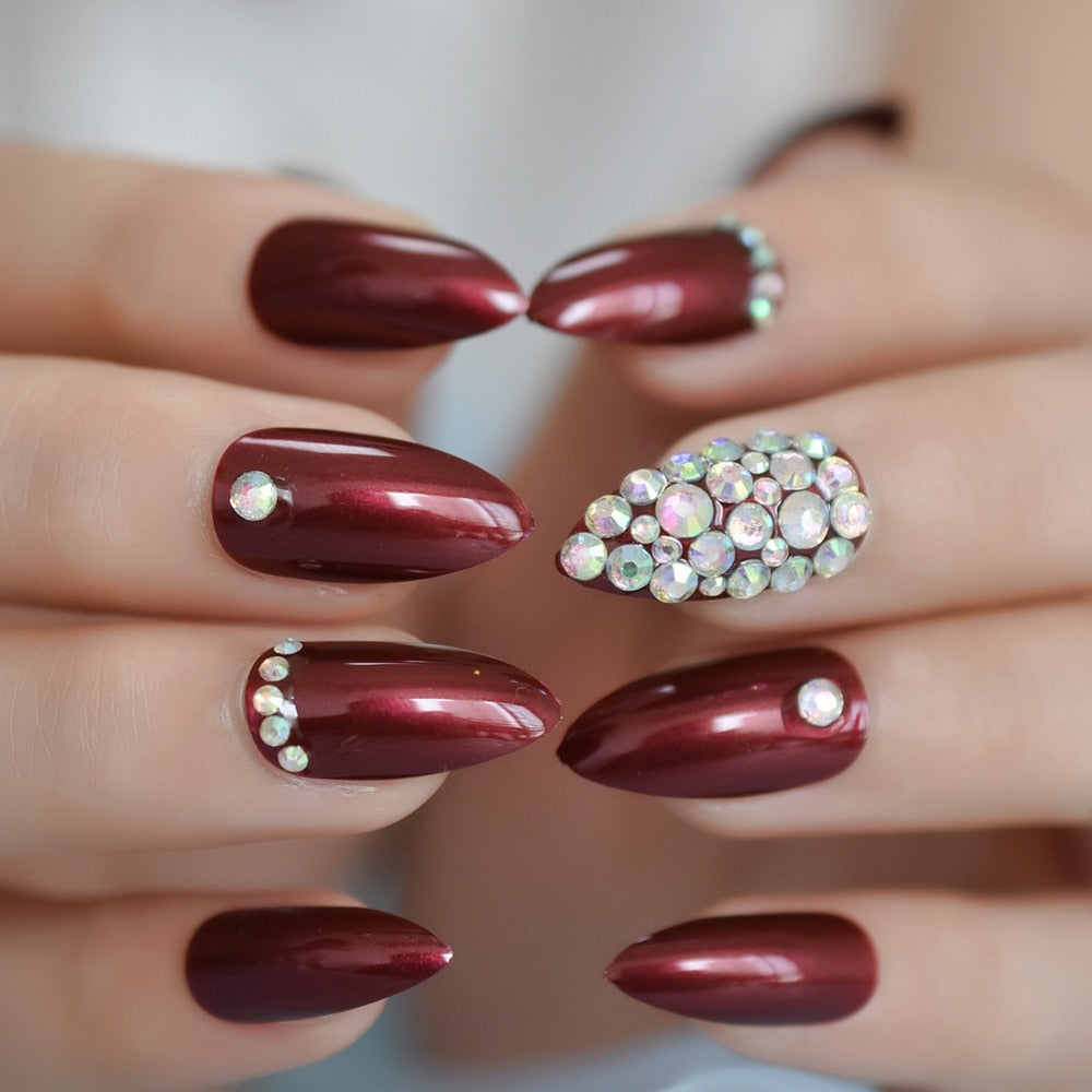 Glossy Rhinestones Stiletto Nails